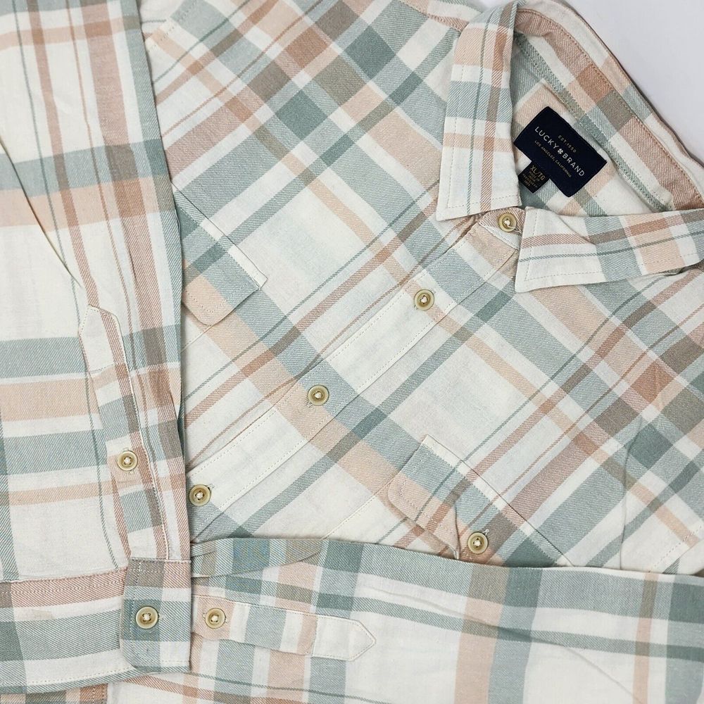 Lucky Brand Humboldt Flannel Shirt Men's XL Beige Green Plaid Long Sleeve EUC